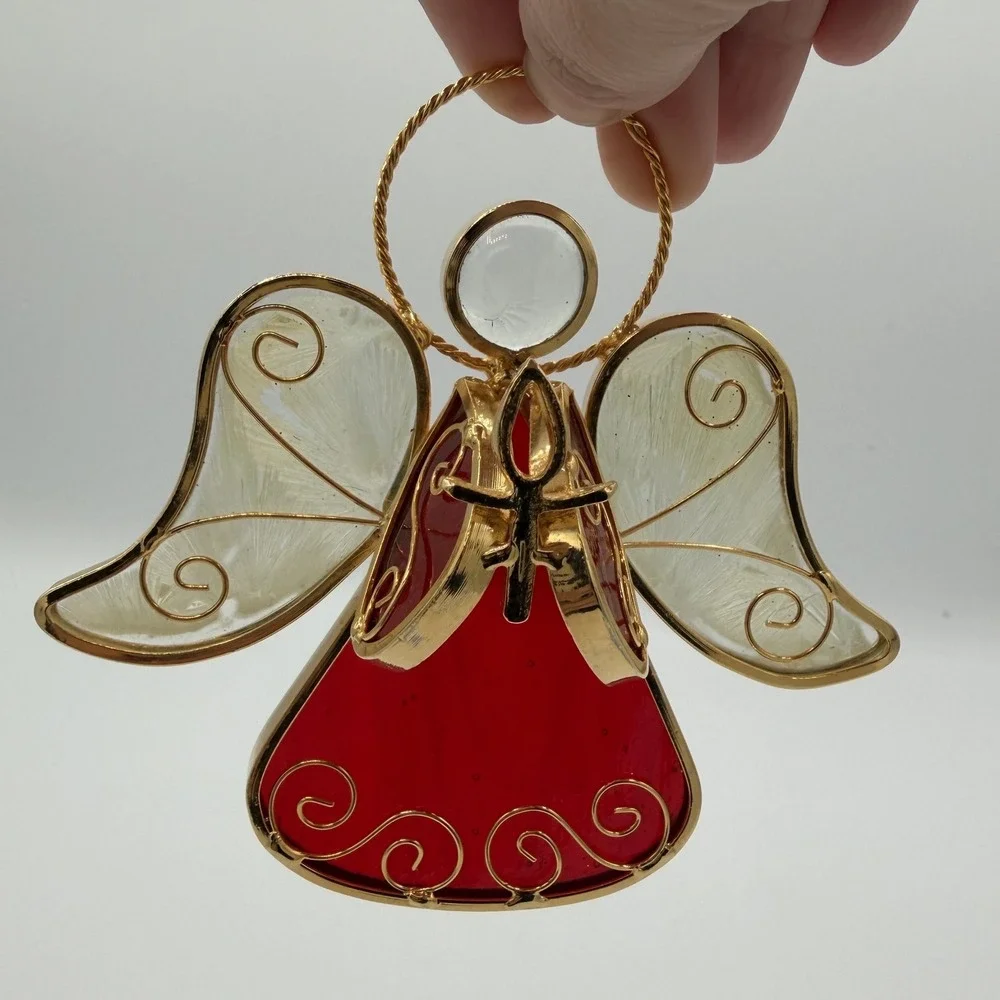 Vintage Red Angel Gold Tone Stained Glass Sun Catcher Winged Holiday‎ Decor